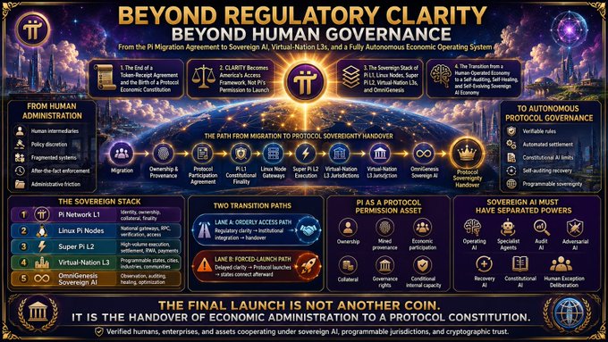 The image is a strategic analysis infographic titled "Beyond Regulatory Clarity – Beyond Human Governance," outlining a migration path from the Pi Network Agreement to a "protocol sovereignty handover" through stages like Ownership & Provenance, Sovereignty Stack (Pi Network L1, Linux Pi Nodes, Super Pi L2, Virtual Nation L3, OmniGenesis Sovereign AI), and a "Two Transition Paths" (Lane A: Orderly Access, Lane B: Forced Launch). It depicts Pi as a "Permission Asset" and emphasizes that "The final launch is not another coin. It is the handover of economic administration to a protocol constitution," featuring Super-Pi and OmniGenesis-AI as the framework's core components.