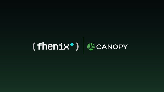 A dark background displays two logos side by side: '(fhenix*)' in white text on the left and 'CANOPY' with a green leaf-like icon on the right.