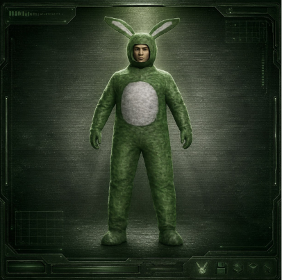 A 3D render of a person wearing a green fuzzy bunny costume with a white belly and long ears, standing against a dark industrial background.