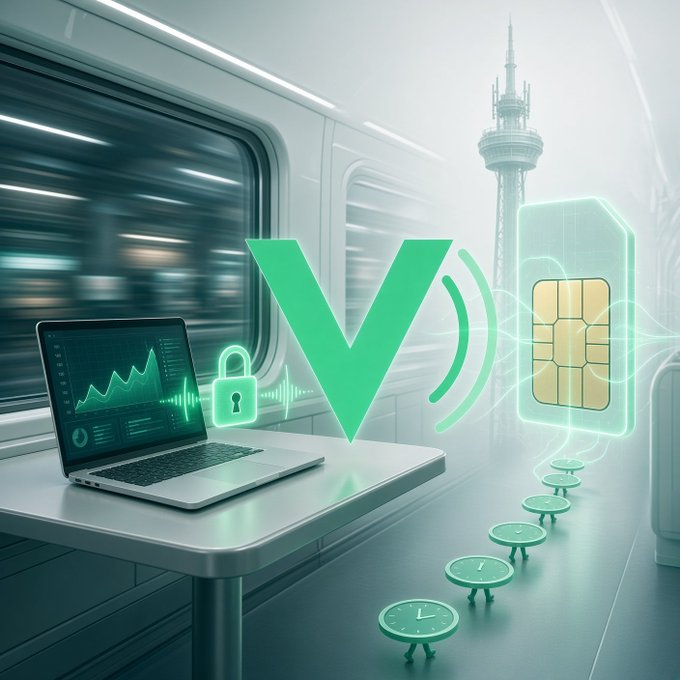 A futuristic digital illustration featuring a glowing green 'V' symbol, a laptop displaying charts, a padlock, a SIM card, and clock graphics on a moving train.