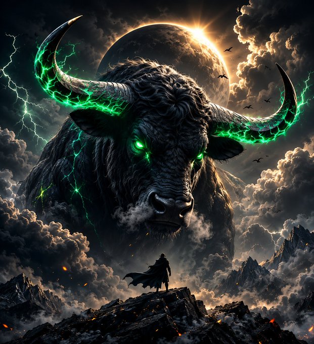 A dramatic fantasy artwork featuring a colossal, dark-furred bull with glowing green eyes and green lightning crackling around its massive horns, looming over a tiny cloaked figure standing on a rocky peak beneath a large moon.