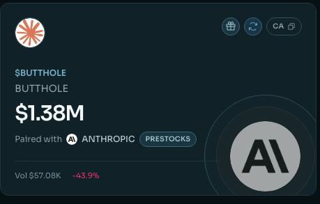 A cryptocurrency dashboard widget showing the token $BUTTHOLE with a market cap of $1.38M, paired with AI on Prestocks, down 43.9%.