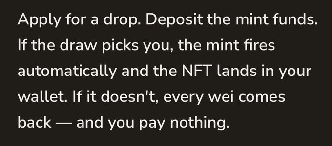 White text on a black background explaining a drop application process: 'Apply for a drop. Deposit the mint funds. If the draw picks you, the mint fires automatically and the NFT lands in your wallet. If it doesn't, every wei comes back — and you pay nothing.'