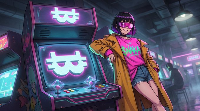 ers of a neon-lit arcade game, featuring the letters "B" and "T", with a girl in pink standing next to it.
