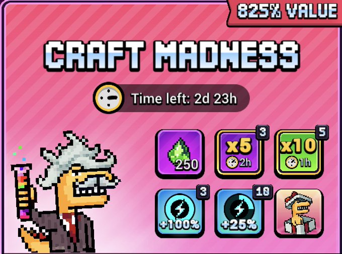 A pixel-art "Craft Madness" promotional screen advertises a limited-time event with "825% VALUE" and "Time left: 2d 23h," featuring various in-game bundle offers including 250 gems, x5 and x10 energy boosts, and upgrade bonuses, alongside a cartoon scientist character. The image directly supports the post's message by showcasing the bundled deals and timer that create urgency for the "madness" promotion.