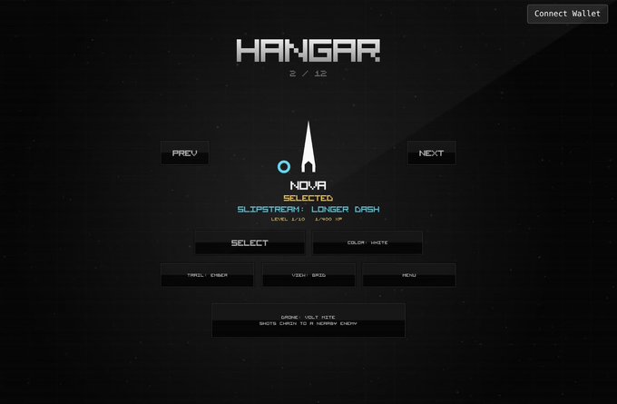 A pixelated "HANGAR" menu screen displays ship selection, showing a white "NOVA" spacecraft (2/12) with "SLIPSTREAM: LONGER DASH" stats, alongside options for "SELECT," "COLOR," "TRAIL," "VIEW," and "MENU," with a "Connect Wallet" button in the corner—tying into the post's promotion of the browser-based arcade shooter "Raid" launching on @base.