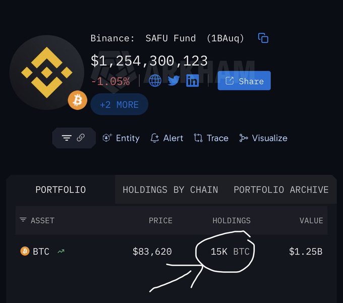 A cryptocurrency tracking interface displays the 'Binance: SAFU Fund (1BAuq)' with a total value of $1,254,300,123, featuring a hand-drawn white circle highlighting '15K BTC' in the holdings column.