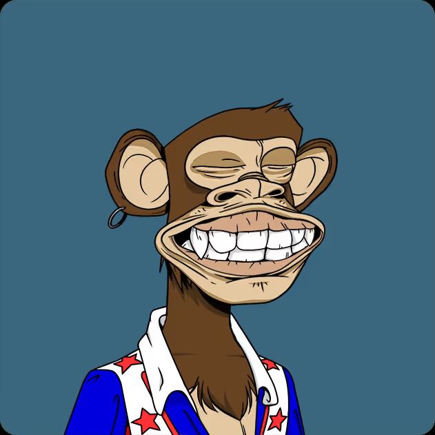 A cartoon-style illustration of a Bored Ape Yacht Club-style monkey with a wide, toothy grin, wearing an earring and a blue, white, and red jacket with star patterns.
