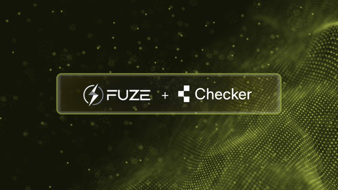 A digital graphic displays a partnership announcement between "FUZE" and "Checker," shown in a glowing rounded rectangle against a dark background with yellow-green particle effects.