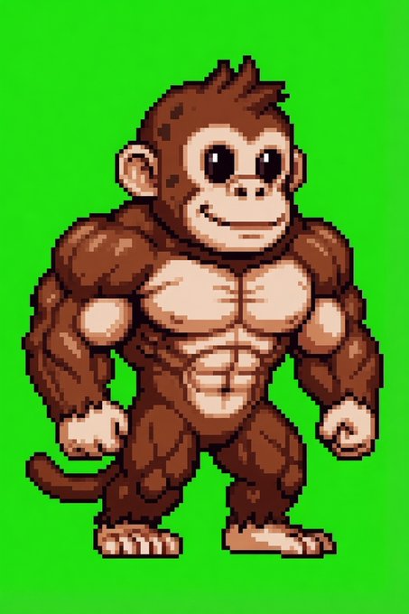 A pixel art illustration depicts a muscular brown monkey with defined abs standing against a bright green chroma key background.