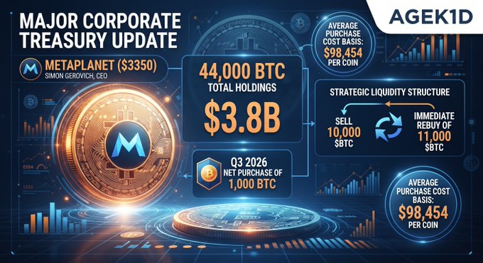 An infographic titled 'MAJOR CORPORATE TREASURY UPDATE' for Metaplanet ($3350) with Simon Gerovich, CEO, detailing 44,000 BTC total holdings, a $3.8B value, a Q3 2026 net purchase of 1,000 BTC, and a strategic liquidity structure with an average purchase cost basis of $98,454 per coin.