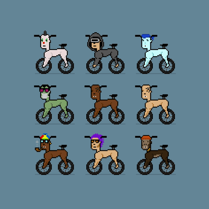 A 3x3 grid of pixel art characters, styled after CryptoPunks, depicted riding BMX bicycles with various attributes like helmets, sunglasses, bandanas, and headbands. The image illustrates the "Crypto Bike Tyson Punks" theme by combining the iconic CryptoPunk aesthetic with cycling poses.