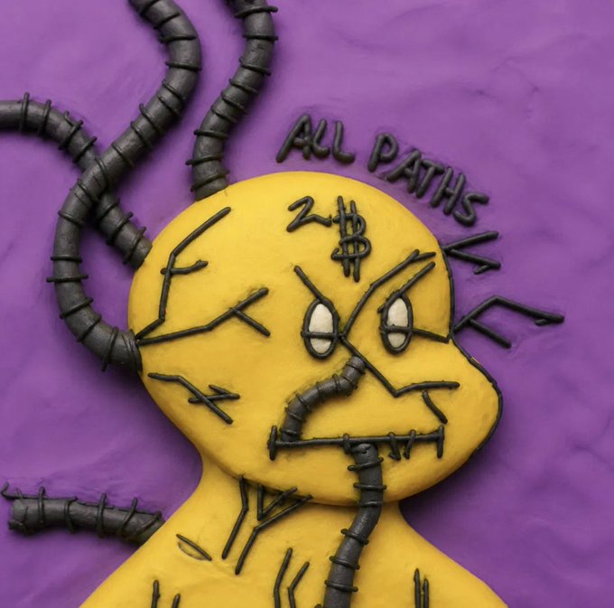 A yellow humanoid figure with stitched black tubes extending from its head and a Bitcoin symbol on its forehead, set against a purple background with the text "ALL PATHS" written above. The artwork symbolizes the Bitcoin maximalist belief that "all paths lead to Bitcoin," matching the caption's interpretation of the piece from the 0xClayFactory collection launching on Robinhood.