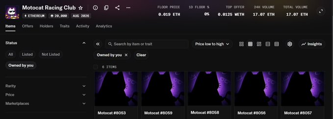A screenshot of the Motocat Racing Club NFT marketplace on Ethereum, showing a floor price of 0.019 ETH, total volume of 17.87 ETH, and a collection of purple profile cat images with IDs #8053, #8059, #8058, #8056, and #8057.