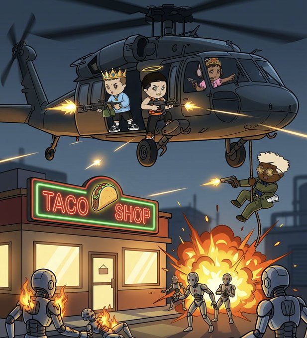 A cartoon illustration of a Black Hawk-style helicopter with crowned chibi figures firing guns out the doors, while a soldier rappels down above a Taco Shop amidst explosions and robots.