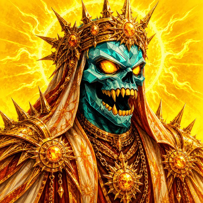 A fantasy illustration of a menacing skeletal figure with a turquoise skull, glowing yellow eyes, and elaborate golden spiked armor and crown set against a yellow background.