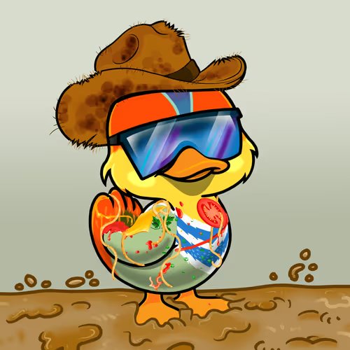 A cartoon duck character wearing a brown cowboy hat and large blue ski goggles, standing in mud while holding a colorful decorative item.