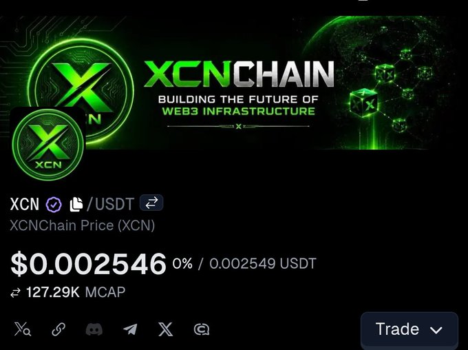A cryptocurrency price display for XCN/XCNChain showing a price of $0.002546 with 0% change and a 127.29K market cap, branded 'BUILDING THE FUTURE OF WEB3 INFRASTRUCTURE'.
