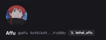A dark-themed social media profile header for 'Affu' with the handle '@affu', a partial wallet address '0x95C649...Fc08Bc', a link to 'lethal_affu', and a circular avatar of an anime-style character with red hair and a black mask.