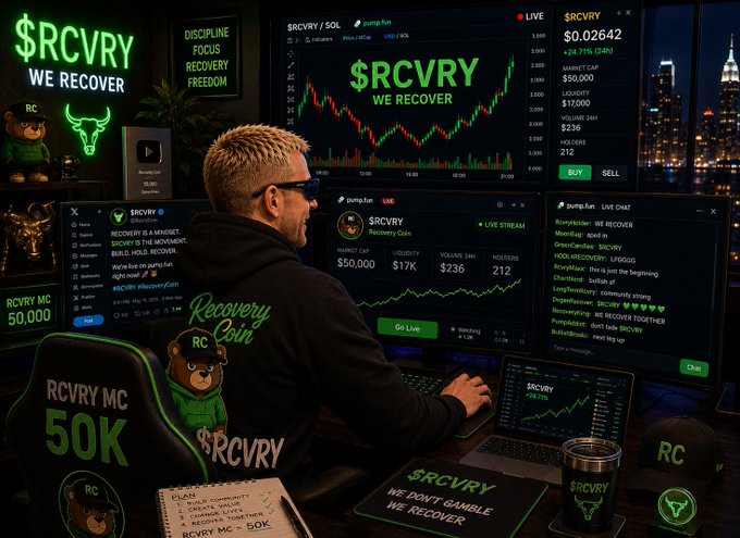 The image features a man sitting at his desk, wearing a black hoodie with a green monkey design. He appears to be using a laptop computer as well as other electronic devices placed around his workspace. The surrounding environment includes several monitors displaying stock market charts related to the cryptocurrency space and an office chair next to him. There are also numerous keyboards scattered throughout the scene, suggesting that he is engaged in a work or analysis session related to the stock market or Bitcoin trading. The image seems to be connected to a post promoting recovery for Bitcoin and other cryptocurrencies.