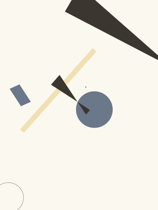 An abstract geometric composition featuring a large black triangle, a diagonal beige line, a blue circle, and smaller geometric shapes on a light background.
