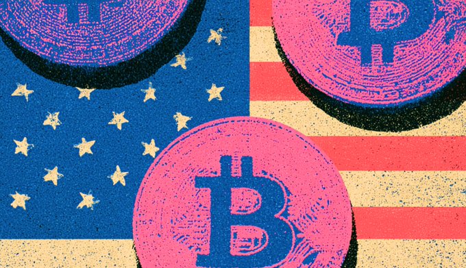 A stylized illustration featuring pink Bitcoin coins overlaid on a blue American flag with stars and red stripes, in a retro screen-print aesthetic.
