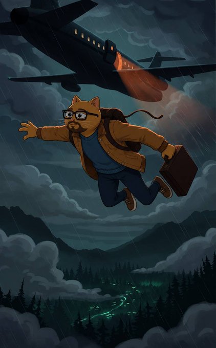 A digital illustration depicting an anthropomorphic cat with glasses, wearing a tan jacket and carrying a briefcase, running through a dark, rainy sky while a large airplane with glowing orange windows flies ominously overhead.