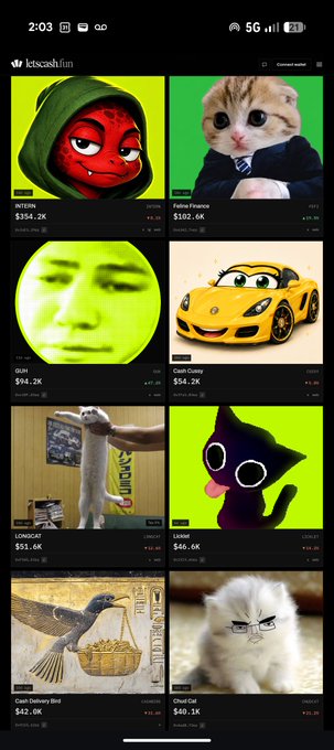 A screenshot of the 'letssosh.fun' mobile app displaying a grid of meme coin listings including $SITRN, $FEFE, $GUM, $CRR, $LONGCAT, $KIRIM, $COH, and $CHAD, with price and market cap data.