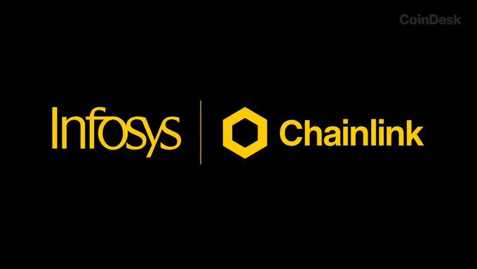 A black background graphic displays the Infosys and Chainlink logos in yellow, with the CoinDesk logo in the upper right corner.