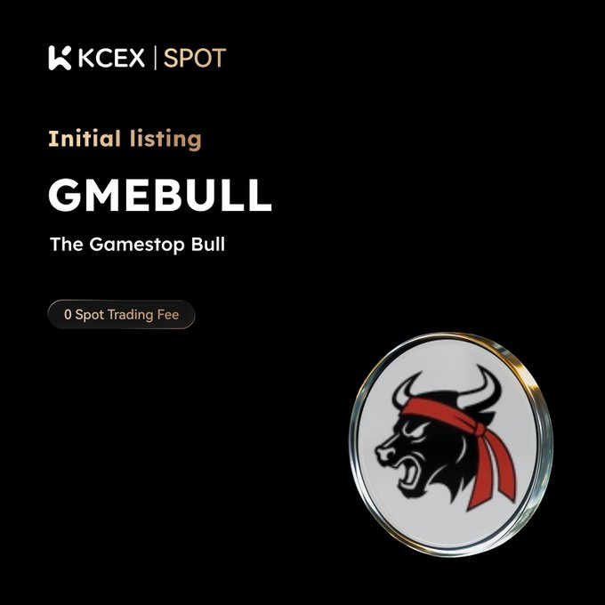 The image shows a KCEX Spot exchange announcement for the "Initial listing" of **GMEBULL** ("The Gamestop Bull") with "0 Spot Trading Fee," featuring a metallic coin logo depicting a snarling black bull wearing a red headband. The promotional graphic aligns with the post announcing GMEBULL's zero-fee spot trading listing on KCEX.
