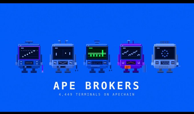 A blue graphic displaying five pixel-art robot terminals above the text 'APE BROKERS' and '4,449 TERMINALS ON APECHAIN'.