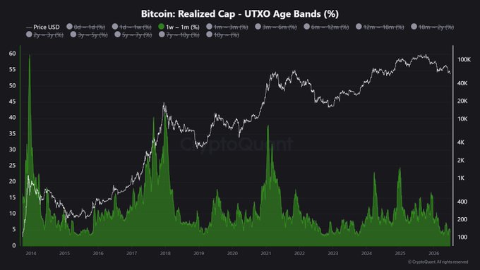 A CryptoQuant chart titled 'Bitcoin: Realized Cap - UTXO Age Bands (%)' displaying BTC price trends from 2014 to 2026 with age band percentages and a price scale reaching 100K.