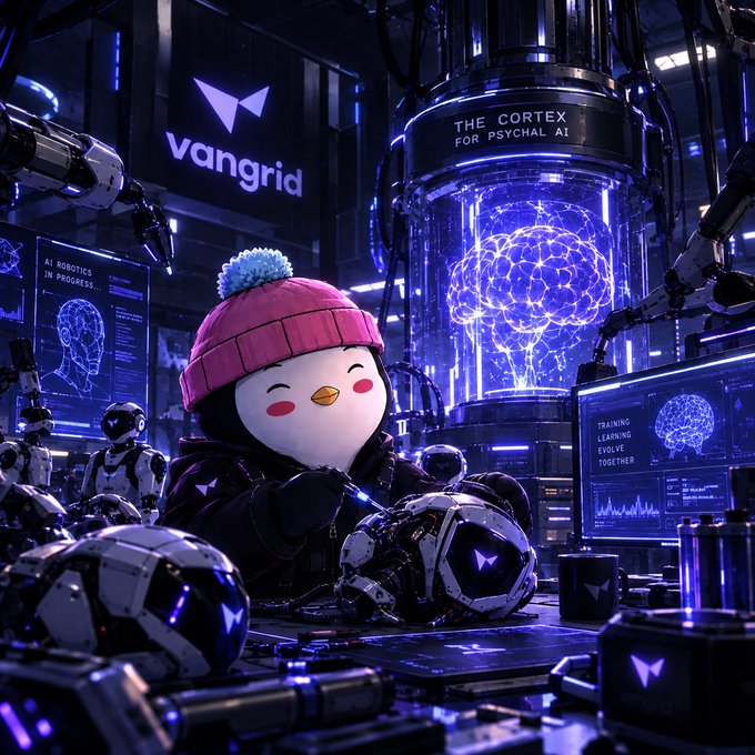 A futuristic digital scene featuring a cute penguin-like character in a pink beanie, surrounded by robotic equipment and glowing screens displaying 'vangrid', 'THE CORTEX FOR PSYCHAL AI', 'AI ROBOTICS IN PROGRESS...', and 'TRAINING LEARNING EVOLVE TOGETHER'.