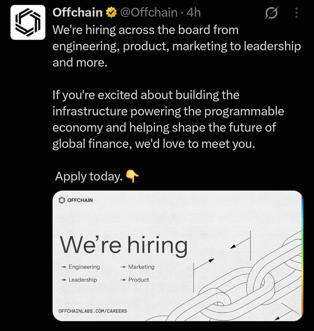 A tweet from the verified account @Offchain announces 'We're hiring' across engineering, product, marketing, and leadership roles, featuring a graphic with the URL 'offchainlabs.com/careers'.