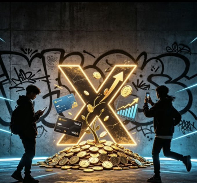 Two silhouetted figures on smartphones stand before a graffiti-covered wall, looking at a glowing neon X-shaped logo surrounded by floating credit cards, rising charts, and a pile of gold coins with a growing plant.