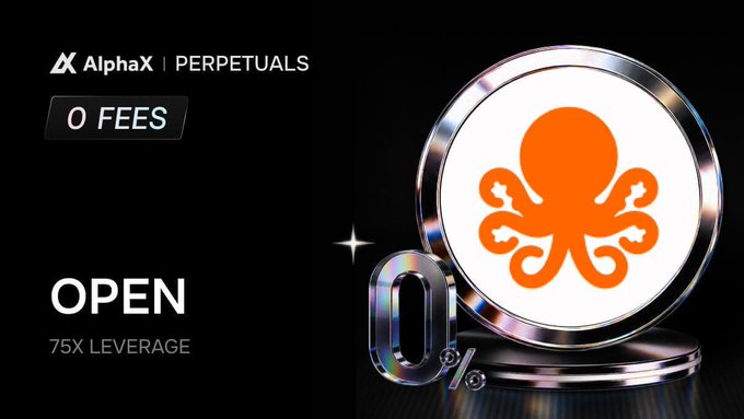 A promotional graphic for 'AlphaX PERPETUALS' featuring an orange octopus logo, advertising '0 FEES' and '75X LEVERAGE' on a dark background.