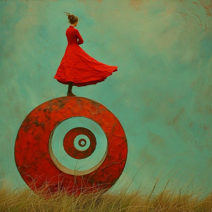A surreal painting depicting a woman in a flowing red dress balancing atop a large red, white, and gray target-like circle, set against a textured teal background and foreground grass.