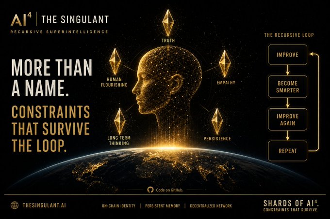 A promotional graphic for 'AI⁴ THE SINGULANT - RECURSIVE SUPERINTELLIGENCE' with text 'MORE THAN A NAME. CONSTRAINTS THAT SURVIVE THE LOOP.' and labels like 'TRUTH', 'EMPATHY', 'HUMAN FLOURISHING', 'PERSISTENCE', 'LONG-TERM THINKING', alongside a 'Recursive Loop' diagram showing Improve, Become Smarter, Improve Again, Repeat.