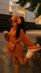 A Sims-like character wearing an orange outfit and cap, holding a coffee cup and posing outdoors.