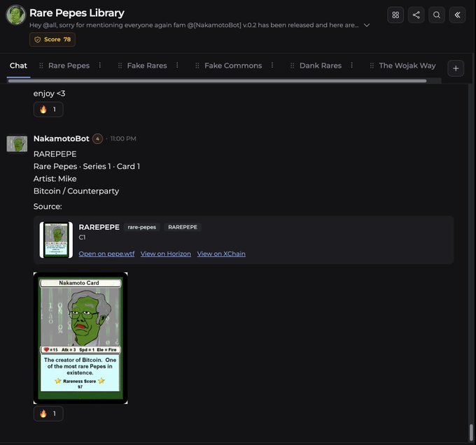 A Discord channel called 'Rare Pepes Library' displays a message from NakamotoBot about a 'RAREPEPE' card, showing 'Rare Pepes Series I Card I' by artist Mike on Bitcoin/Counterparty.