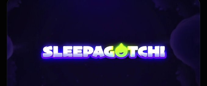 A stylized logo for 'SLEEPAGOTCHI' displayed in glowing purple and white text with a green water droplet design, set against a dark blue background.