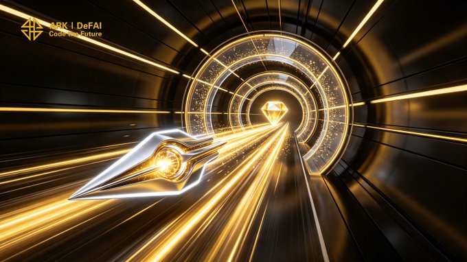 A sleek, futuristic arrow-shaped object streaks through a glowing golden tunnel of light, symbolizing speed and forward momentum. The "ARK | DeFAI Code the Future" logo appears in the corner, reinforcing the post's message about the Arkie AI App propelling the ARK ecosystem into the future through action and innovation.