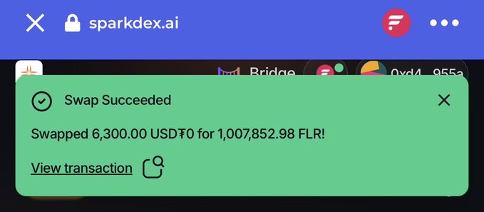 A screenshot from sparkdex.ai displays a successful swap confirmation showing "Swapped 6,300.00 USDT for 1,007,852.98 FLR!" — visually validating the poster's claim of purchasing 1 million $FLR tokens, supporting the bullish birthday signal.