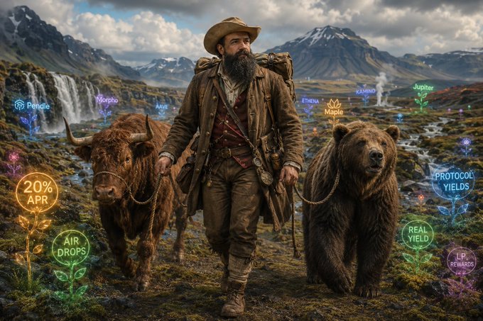 A stylized illustration of a bearded frontiersman in a cowboy hat leading a Highland cow and a brown bear through a mountainous landscape, surrounded by glowing neon icons and labels for crypto terms including Pendle, Morpho, AAVE, Ethena, Maple, Kamino, Jupiter, 20% APR, Air Drops, Real Yield, Protocol Yields, and LP Rewards.