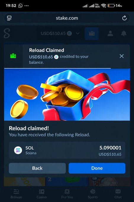 A Stake.com mobile screenshot displays a successful "Reload Claimed" popup, crediting USD$510.65 to the user's balance as a 5.090001 SOL reward. The image serves as proof of a crypto giveaway payout, where the poster is encouraging retweets with usernames or $SOL addresses to receive similar tips.
