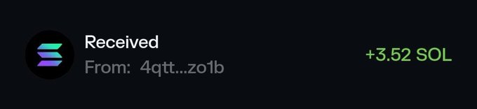 A Solana wallet transaction notification showing a received amount of +3.52 SOL from address 4qtt...zo1b. The image serves as proof of receipt, illustrating the post's promise of a crypto giveaway to those who engage by liking, retweeting, and following.