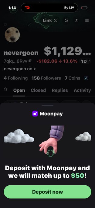 The image shows a Polymarket-style betting interface for "nevergoon" priced at $1,129, overlaid with a Moonpay promotional popup offering a $50 deposit match. This relates to the post about Moonpay being "everywhere" by illustrating how the crypto payment service has integrated itself directly into prediction market platforms.