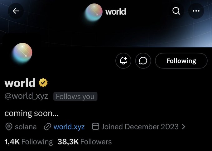 The image shows a Twitter/X profile page for "world" (@world_xyz) with a "Following" status, 38.3K Followers, 1.4K Following, and the bio "coming soon..." The profile aligns with the post about World (associated with Tools for Humanity) showing engagement with the Ket crypto community.
