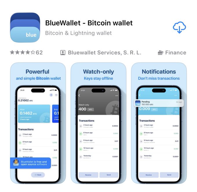 An app store listing for 'BlueWallet - Bitcoin wallet' showing screenshots of its Powerful, Watch-only, and Notifications features.