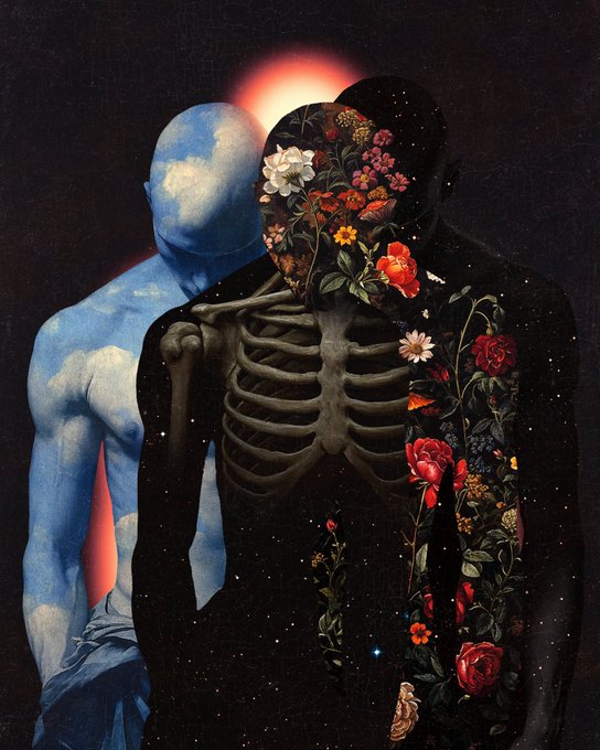 A surreal artwork depicting two figures: one showing a visible skeleton with flowers blooming from it, and another behind it whose body is filled with clouds and blue sky, set against a dark background with a glowing orb.